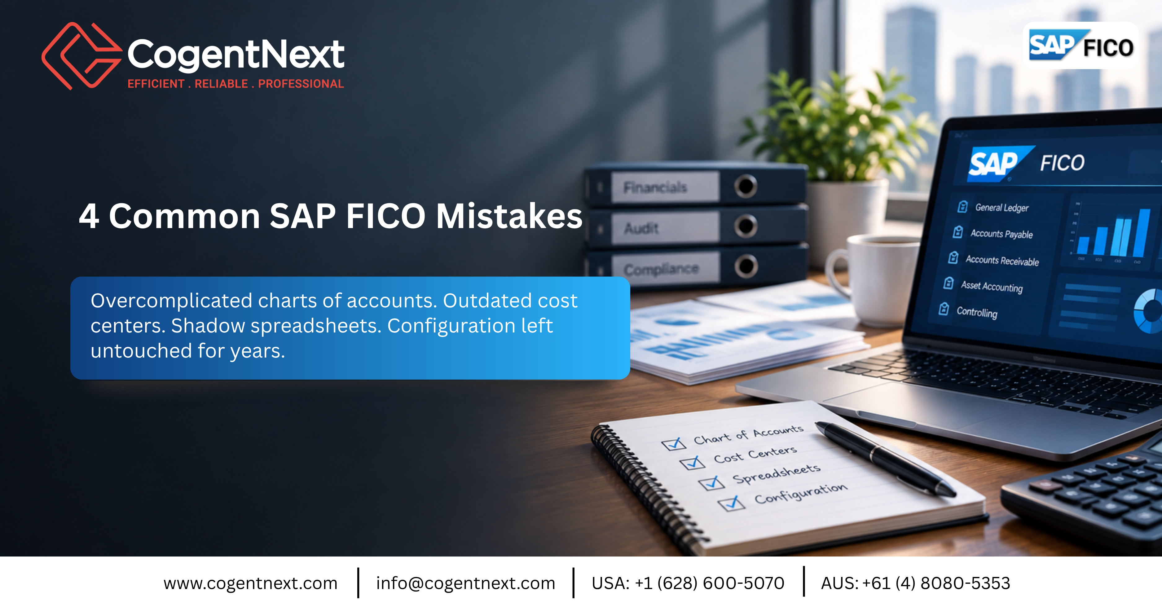 “4 Common SAP FICO Mistakes” banner: 4 common SAP FICO configuration mistakes — CogentNext